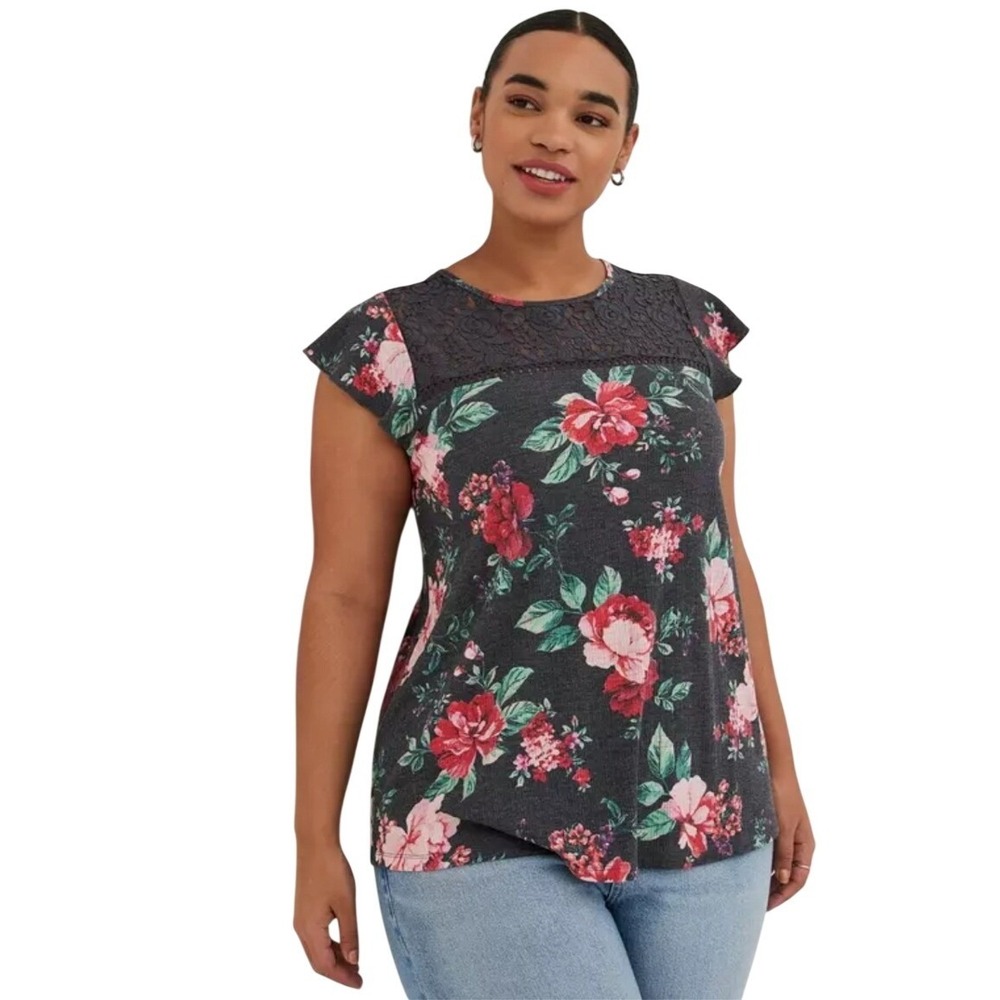 Torrid Floral Lace Short Sleeve Top Dark Gray Pink Red Size 1X (14-16) NWOT